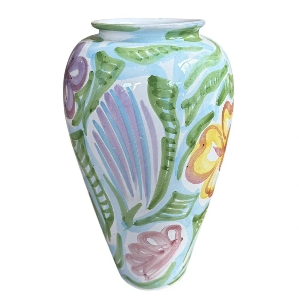 Vintage Pier 1 Imports Large Hand Painted Ceramic Vase Made in Italy Floral 13.7